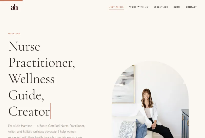 aliciaharrison.com homepage: serif headline Nurse Practitioner, Wellness Guide, Creator beside a portrait