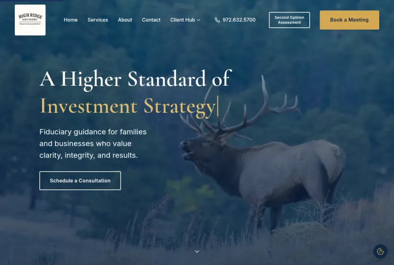 High Ridge Advisory homepage: a full-width elk photograph behind the headline A Higher Standard of Investment Strategy