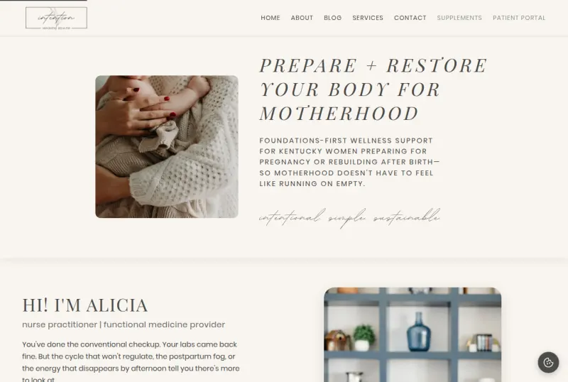 Intention Holistic Health homepage: the headline Prepare and restore your body for motherhood beside a photograph